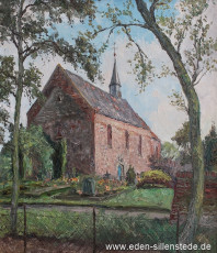 Wiarden, Kirche, 1960, 50x58 cm, Öl auf Leinwand, Privatbesitz (WV-Nr. 1640)
