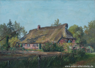 Zetel, Haus in Blauhand, 1950er, 70x50,2 cm, Öl auf Leinwand, Privatbesitz (WV-Nr. 1626)