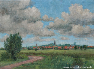 Jever, Umland, Blick aus südlicher Richtung auf Jever, um 1940, 72,5x53 cm, Öl auf Leinwand, Privatbesitz (WV-Nr. 1643)