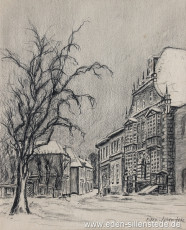 Jever, Stadt, Am Kirchplatz, Rathaus, 1950er, 27,3x36 cm, Kohlezeichnung, Privatbesitz (WWV-Nr. 1647)