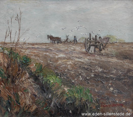 Unbekannter Ort, Acker mit pflügendem Bauern, 1950er, 24,9x21,9 cm, Öl auf Leinwand, Privatbesitz (WV-Nr. 1644)