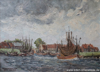 Westeraccumersiel, Hafen, Auslaufender Kutter, 1963, 65x47 cm, Öl auf Leinwand, Privatbesitz (WV-Nr. 1648)