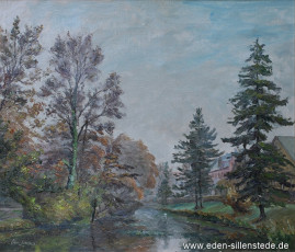 Jever, Stadt, Schlosspark, Schlossgraben, 1950er, 70,5x60,5 cm, Öl auf Leinwand, Privatbesitz (WV-Nr. 1651)