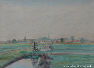 Jever, Umland, Blick auf Jever vom Moorland aus, um 1950, 33x24 cm, Aquarell, Privatbesitz (WV-Nr. 1652)