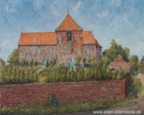 Sillenstede, Kirche, 1964, 72,5x58,5 cm, Öl auf Leinwand, Privatbesitz (WV-Nr. 1653)