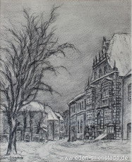 Jever, Stadt, Am Kirchplatz, Rathaus, 1955, 21,5x27 cm, Kohlezeichnung, Privatbesitz (WV-Nr. 1657)