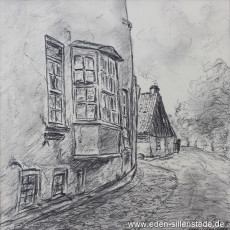 Jever, Stadt, Am Wall, 1950er, 20,5x21 cm, Kohlezeichnung, Privatbesitz (WV-Nr. 1660)