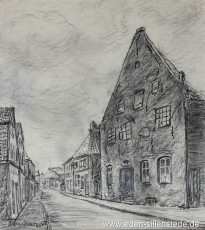 Jever, Stadt, Burgstraße, 1950er, 22x24 cm, Kohlezeichnung, Privatbesitz (WV-Nr. 1658)