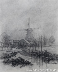 Jever, Stadt, Schlachtmühle im Nebel, 1955, 25,6x29 cm, Kohlezeichnung, Besitz Schlossmuseum Jever (WV-Nr. 1661)