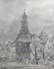 Jever, Stadt, Schloss im Nebel, 1940er, 20,5x26 cm, Bleistiftzeichnung, Privatbesitz (WV-Nr. 1659)