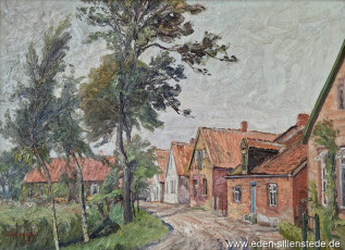 Fedderwarden, Ortsdurchfahrt, um 1960, 69x49 cm, Öl auf Leinwand, Privatbesitz (WV-Nr. 1663)