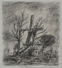 Jever, Stadt, Schlachtmühle, 1940-50er, 25x27,5 cm, Kohlezeichnung, Privatbesitz (WV-Nr. 1666)