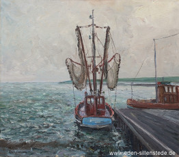 Bensersiel, Kutter am Anleger, 1960er, 64,5x56 cm, Öl auf Leinwand, Privatbesitz (WV-Nr. 1669)