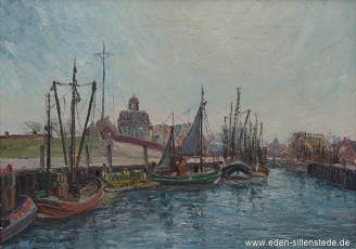 Neuharlingersiel, Hafen, 1960er, 70x50,2 cm, Öl auf Leinwand, Privatbesitz (WV-Nr. 1672)