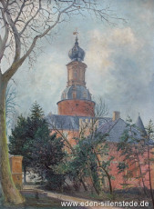 Jever, Stadt, Schloss mit Brunnen und Torhaus, 1936, 50x70 cm, Öl auf Leinwand auf Holz, Privatbesitz (WV-Nr. 1676)