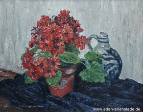 Stillleben, Dahlien mit Weinkrug, 1960er, 48x38 cm, Öl auf Leinwand, Privatbesitz (WV-Nr. 1675)