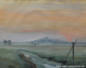 Unbekannter Ort, Sonnenaufgang über den Feldern, um 1950, Tempera auf Papier, 48x40 cm, Privatbesitz (WV-Nr. 1673)