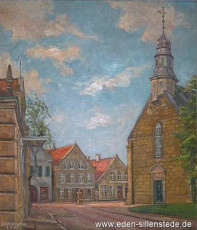 Jever, Stadt, Am Kirchplatz, Alte Stadtkirche, 1947, 51x61 cm, Öl auf Leinwand, Besitz Schlossmuseum Jever (WV-Nr. 1683)