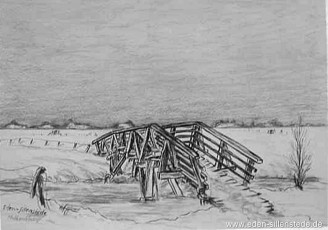 Jever, Umland, Melkenklamp, 1950er, 39,8x29,6 cm, Kohlezeichnung, Besitz Schlossmuseum Jever (WV-Nr. 1685)