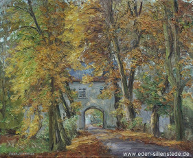 Kniphausen, Allee zur Burg, 1969, 64,5x52 cm, Öl auf Leinwand, Privatbesitz (WV-Nr. 1682)