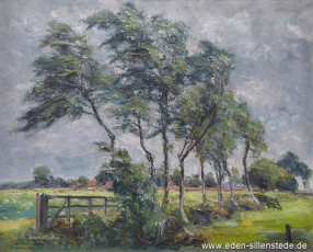 Unbekannter Ort, Birken am Feld, um 1960, 70,1x56,3 cm, Öl auf Leinwand, Privatbesitz (WV-Nr. 1681)