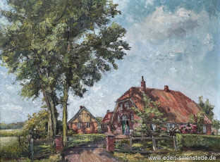 Unbekannter Ort, Bauernhaus mit Nebengebäude, 1967, 78,5x61 cm, Öl auf Leinwand, Privatbesitz (WV-Nr. 1696)