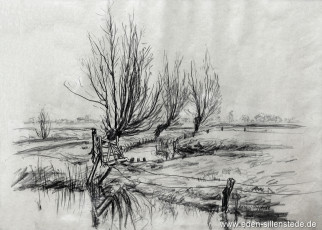 Accum, Bei Accum, 1950er, 40x30 cm, Kohle auf Papier, Privatbesitz (WV-Nr. 1700)