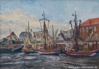Hooksiel, Alter Hafen, um 1970, 74,3x52,3 cm, Öl auf Leinwand, Besitz Schlossmuseum Jever (WV-Nr. 1701)