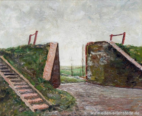 Inhausersiel, Deichschart, um 1961, 45x37 cm, Öl auf Leinwand, Privatbesitz (WV-Nr. 1699)