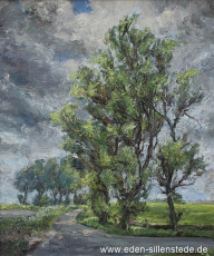 Purkswarfe, Bäume am Straßenrand, um 1970, 64,1x76,8 cm, Öl auf Leinwand, Besitz Schlossmuseum Jever (WV-Nr. 1703)