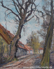 Kniphausen, Innenhof der Burg, um 1964, 42x54 cm, Öl auf Leinwand, Besitz Raiffeisenbank Jever (WV-Nr. 1705)