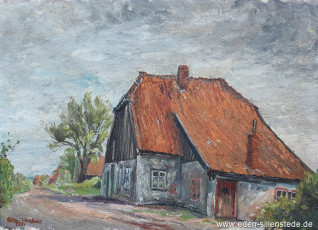 Jever, Stadt, Hohler Weg mit Hoher Scheune, 1951, 44,7x32,5 cm, Öl auf Leinwand, Privatbesitz (WV-Nr. 1718)