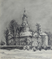 Jever, Stadt, Schloss, 1950er, 29,5x32,5 cm, Kohlezeichnung, Privatbesitz (WV-Nr. 1716)