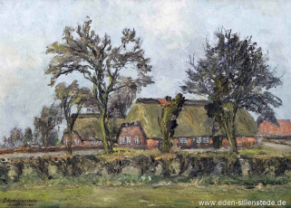 Steinhausen, Reetdachhöfe, 1960er, 50x70 cm, Öl auf Leinwand, Privatbesitz (WV-Nr. 1713)