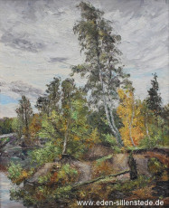 Barkel, Am Ufer des Sees, um 1970, 58,5x73 cm, Öl auf Leinwand, Privatbesitz (WV-Nr. 1726)