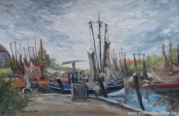 Carolinensiel, Friedrichsschleuse, 1955, 76,2x50 cm, Öl auf Leinwand, Privatbesitz (WV-Nr. 1727)