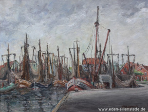 Neuharlingersiel, Hafen, 1956, 71x54,5 cm, Öl auf Leinwand, Privatbesitz (WV-Nr. 1720)