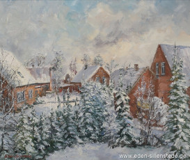 Sillenstede, Blick aus Edens Haus, 1960er, 64,2x54 cm, Öl auf Leinwand, Privatbesitz (WV-Nr. 1729)