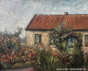 Jever, Oestringer Weg, Haus Nr. 31, um 1950, 48x40 cm, Öl auf Leinwand, Privatbesitz (WV-Nr. 1731)