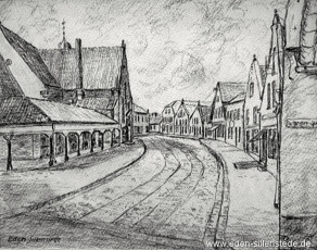 Jever, Stadt, Neuermarkt, 1926, 30x25 cm, Kohlezeichnung, Privatbesitz (WV-Nr. 1733)