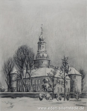 Jever, Stadt, Schloss, 1950er, 27,5x35 cm, Kohlezeichnung, Privatbesitz (WV-Nr. 1735)