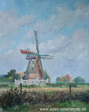 Sillenstede, Mühle, 1950er, 39,6x49,4 cm, Öl auf Leinwand, Privatbesitz (WV-Nr. 1736)