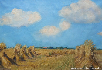 Waddewarden, Getreidehocken vor Waddewarden, 1920er, 62,8x 43,7 cm, Öl auf Leinwand, Privatbesitz (WV-Nr. 1734)