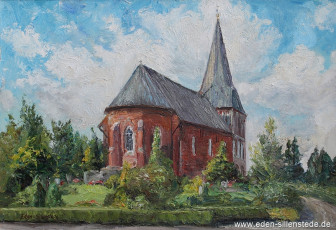 Sande, Kirche in Sande, 1960er, 64,5x44 cm, Öl auf Leinwand, Privatbesitz (WV-Nr. 1000)