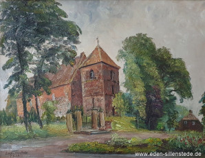 Schortens, Kirche in Schortens, 1965, Öl auf Leinwand, Besitz Stadt Schortens (WV-Nr. 1751)