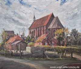 Sengwarden, Kirche, um 1960, 71x61 cm, Öl auf Leinwand, Privatbesitz (WV-Nr. 1750)