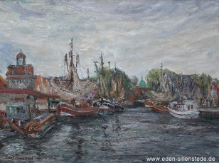 Neuharlingersiel, Hafen, 1969, 66,2x50,2 cm, Öl auf Leinwand, Privatbesitz (WV-Nr. 1757)