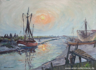 Varel, Hafen, Sonnenaufgang am Binnentief, 1965, 69,1x50,5 cm, Öl auf Leinwand, Privatbesitz (WV-Nr. 1761)