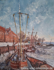 Hooksiel, Alter Hafen im Winter, um 1960, Öl auf Leinwand, Privatbesitz (WV-Nr. 1764)