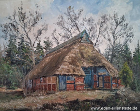 Unbekannter Ort, Reetdachhaus, 1970, Öl auf Leinwand, Privatbesitz (WV-Nr. 1765)